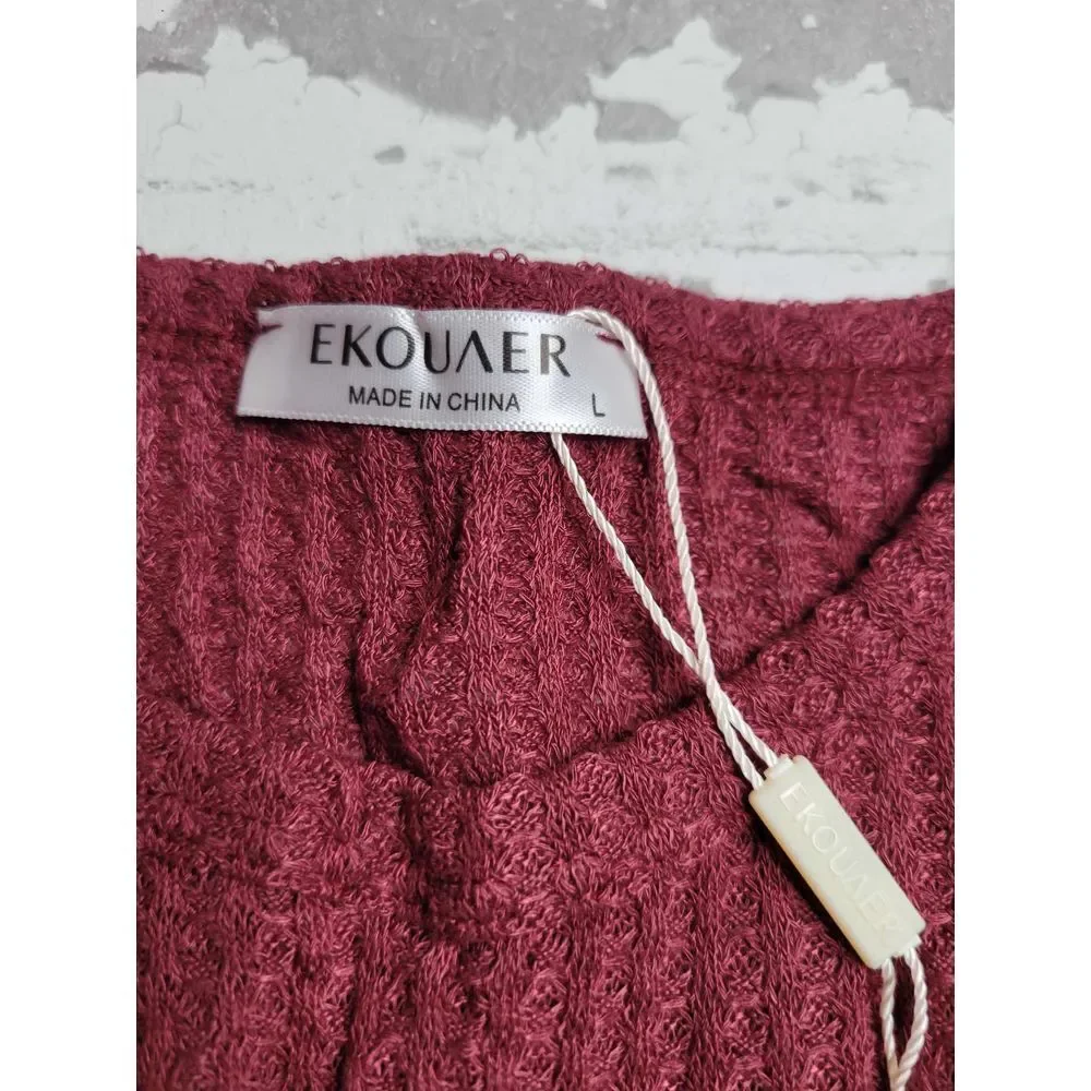 3603‎ NWT Ekouaer Women's Waffle Knit Lounge Pajama Set Red Large